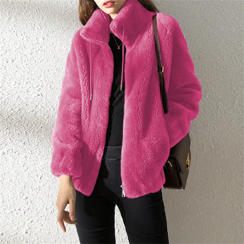 Casaco Feminino Dupla Face com Veludo e Gola Alta | Elegante Retro de Inverno