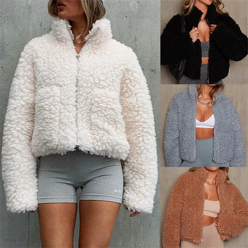 Casaco de Lã de Cordeiro Feminino com Gola Alta | Quente Streetwear Outono Inverno 2023