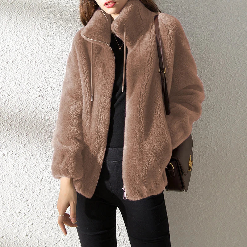 Casaco Feminino Dupla Face com Veludo e Gola Alta | Elegante Retro de Inverno
