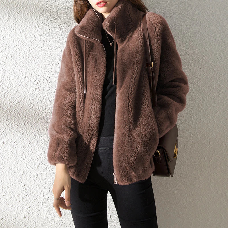 Casaco Feminino Dupla Face com Veludo e Gola Alta | Elegante Retro de Inverno
