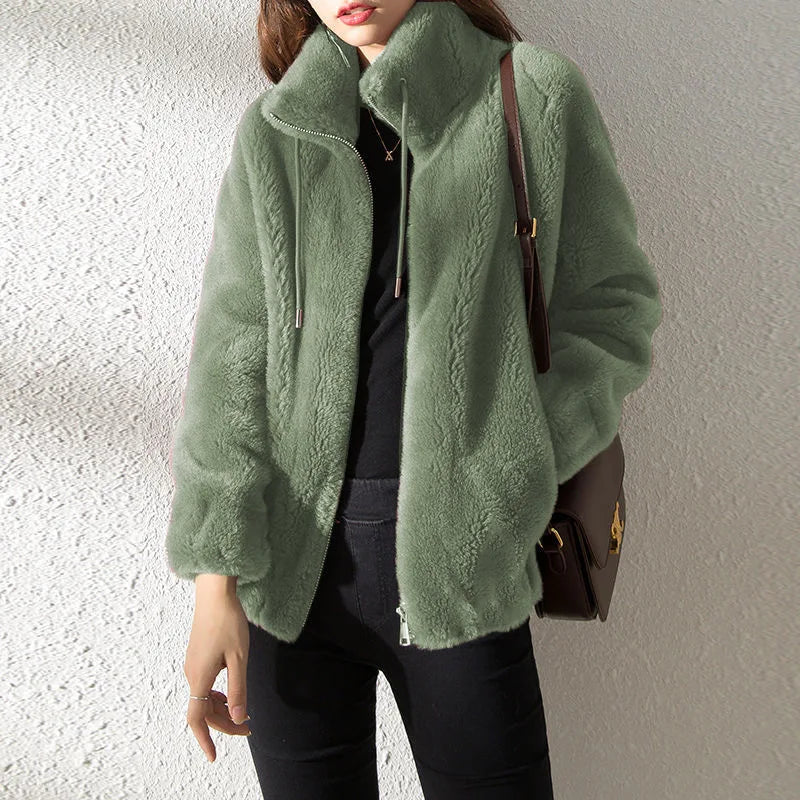 Casaco Feminino Dupla Face com Veludo e Gola Alta | Elegante Retro de Inverno
