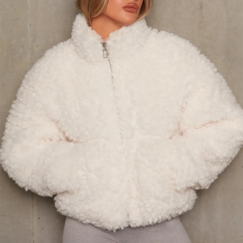 Casaco de Lã de Cordeiro Feminino com Gola Alta | Quente Streetwear Outono Inverno 2023