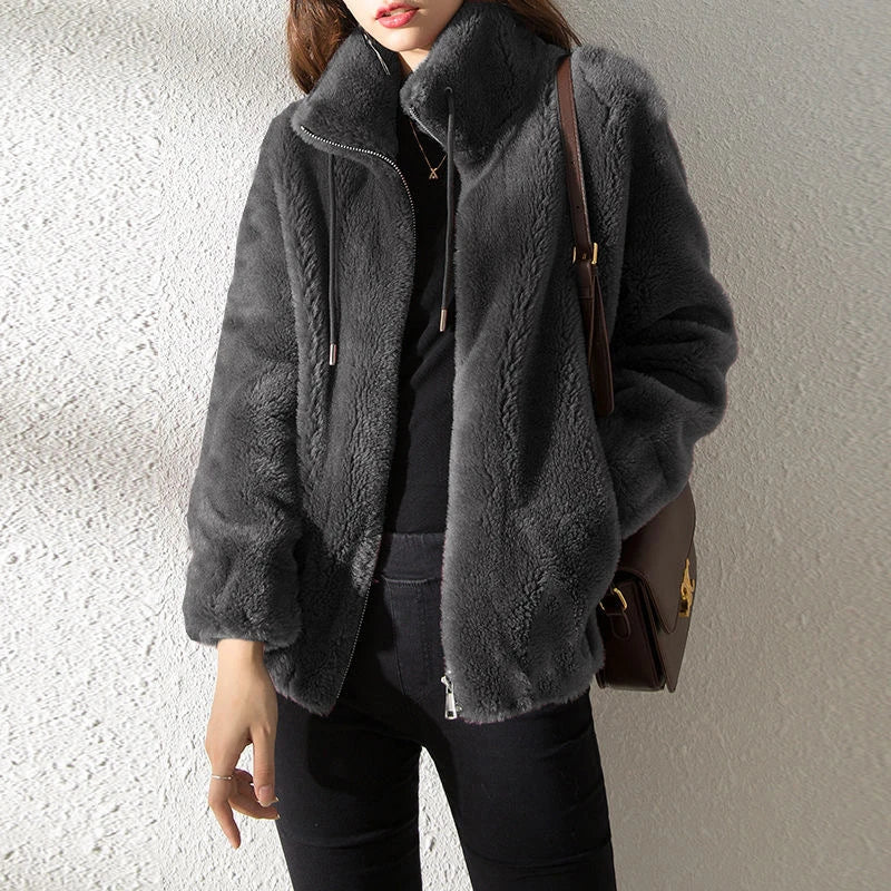 Casaco Feminino Dupla Face com Veludo e Gola Alta | Elegante Retro de Inverno