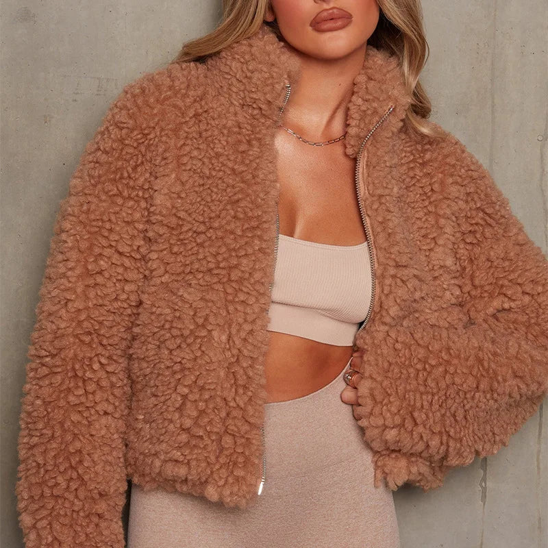 Casaco de Lã de Cordeiro Feminino com Gola Alta | Quente Streetwear Outono Inverno 2023