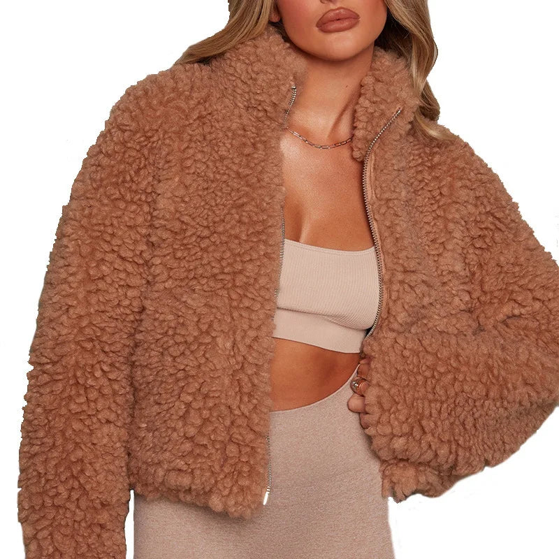 Casaco de Lã de Cordeiro Feminino com Gola Alta | Quente Streetwear Outono Inverno 2023