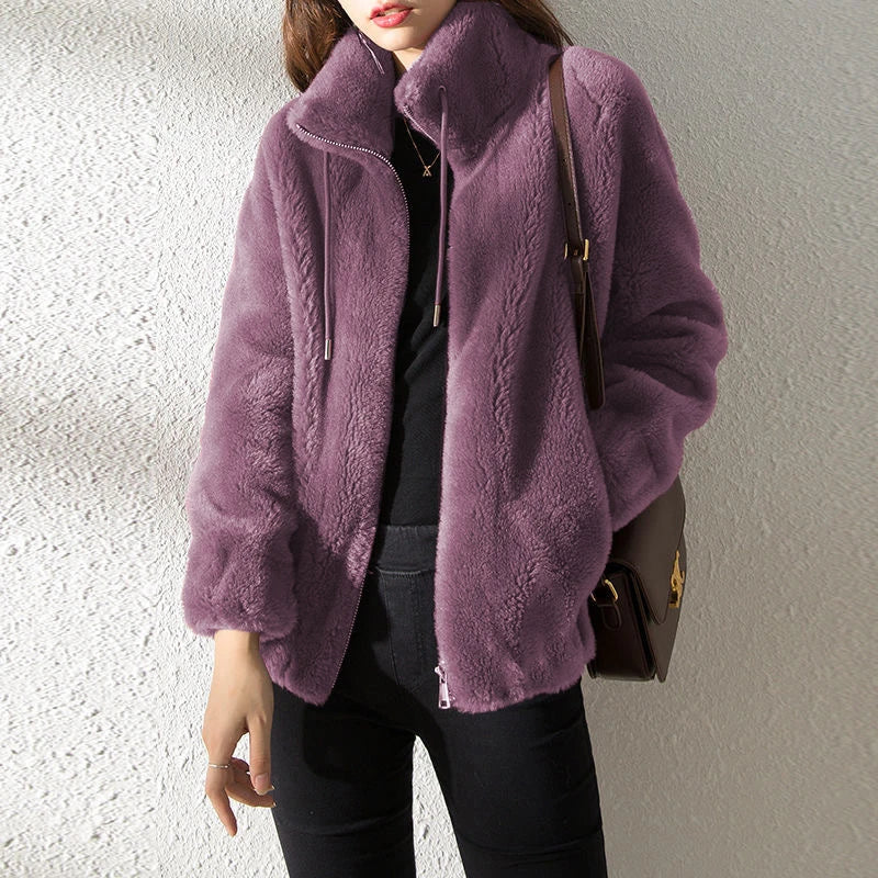 Casaco Feminino Dupla Face com Veludo e Gola Alta | Elegante Retro de Inverno