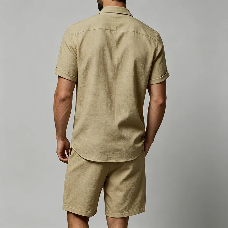 Conjunto Masculino Linho - Camisa Manga Curta e Calcoes de Praia