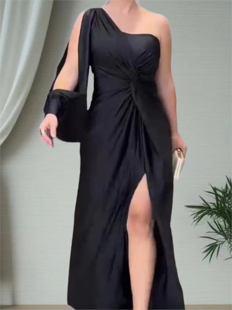 Vestido Longo de Festa com Fenda e Um Ombro para Casamento e Formatura