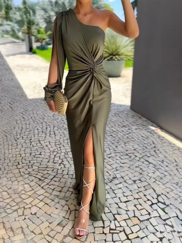 Vestido Longo de Festa com Fenda e Um Ombro para Casamento e Formatura