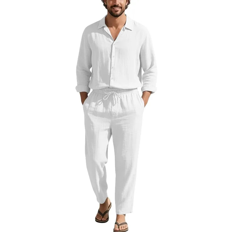 Conjunto Masculino Linho Manga Comprida - Camisa Protecao Solar e Calcas