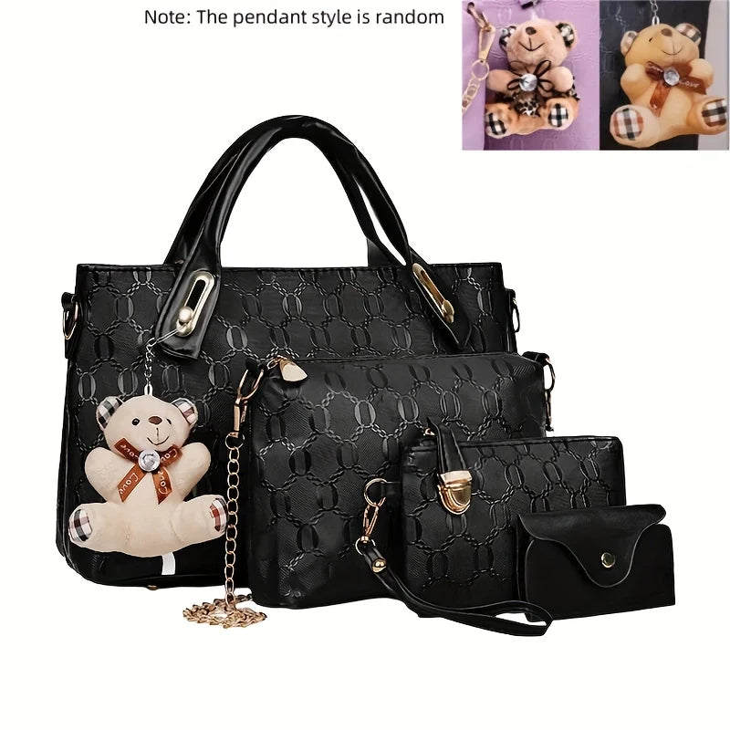 Conjunto 4 Peças Mala Feminina em Relevo com Pendant Urso | TUDOAKI SHOP