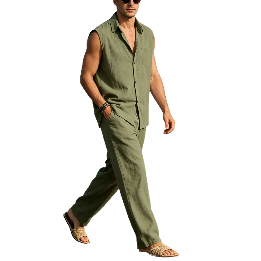 Conjunto Masculino Linho sem Mangas - Camisa e Calcas Casuais