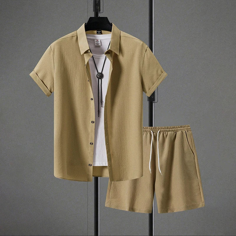 Conjunto Masculino Linho - Camisa Manga Curta e Calcoes de Praia