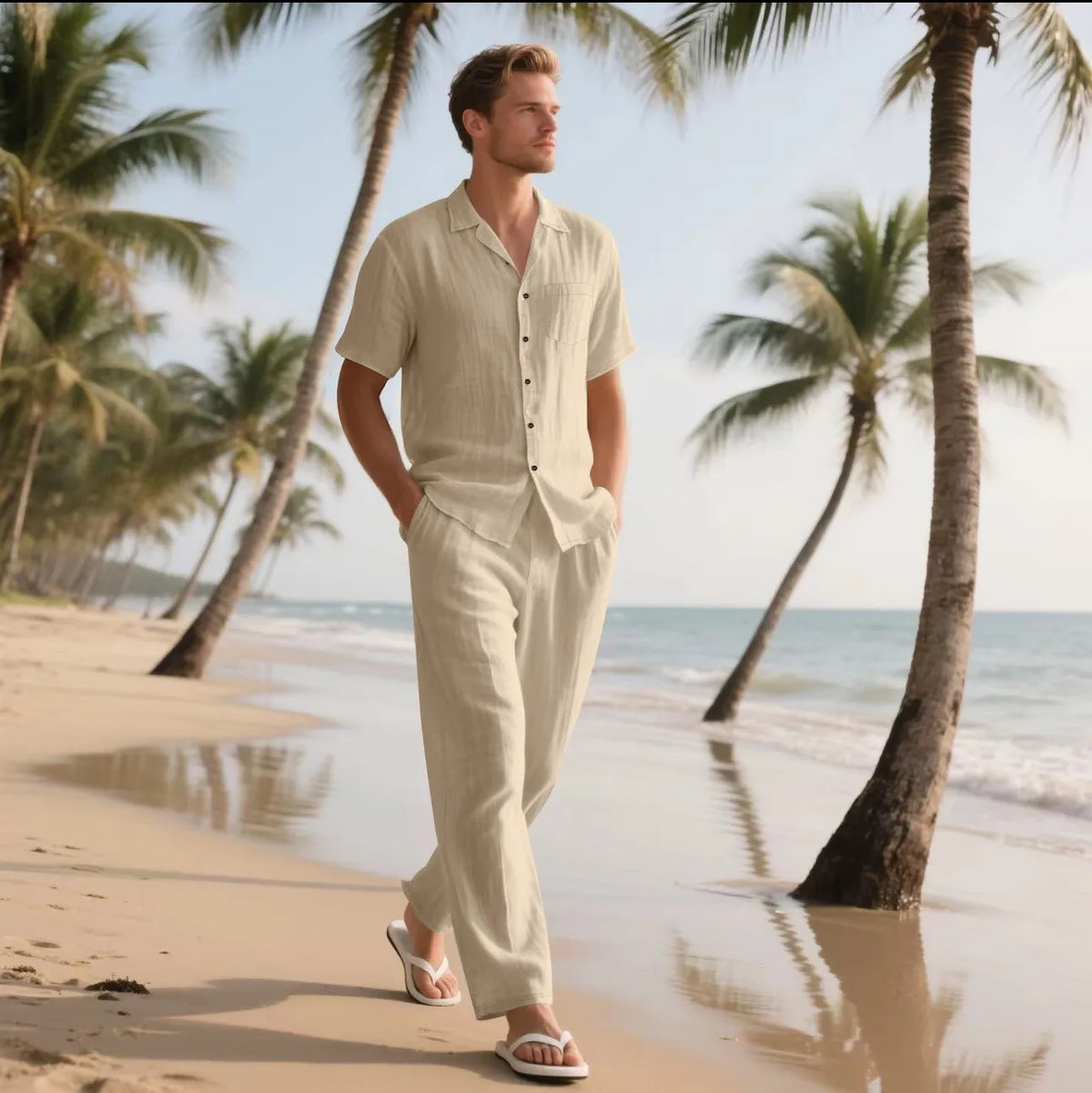Conjunto Masculino Linho Verao - Camisa Manga Curta e Calcas Praia