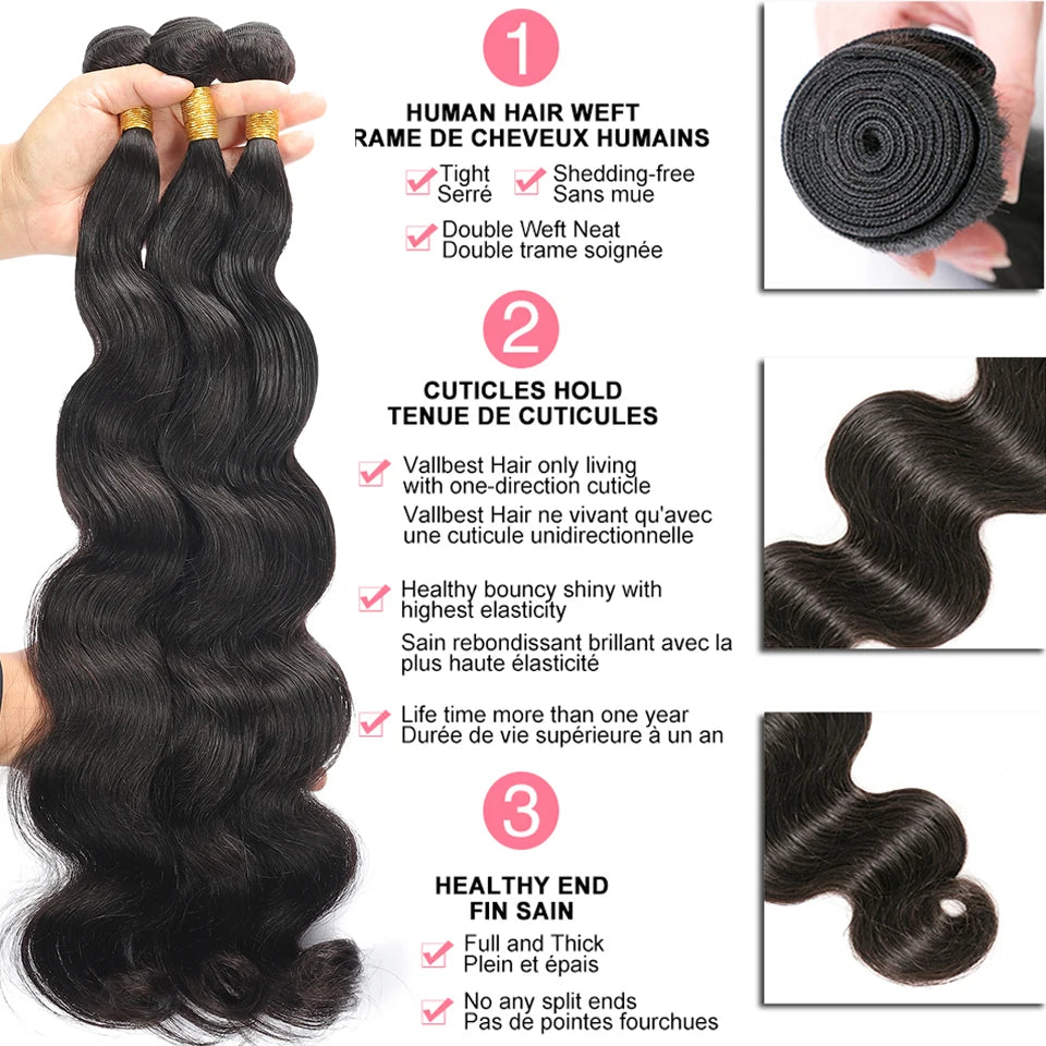 Madeixas de Cabelo Brasileiro Body Wave | 100% Cabelo Humano Virgem | 1/2/3/4 PCS | Preto Natural