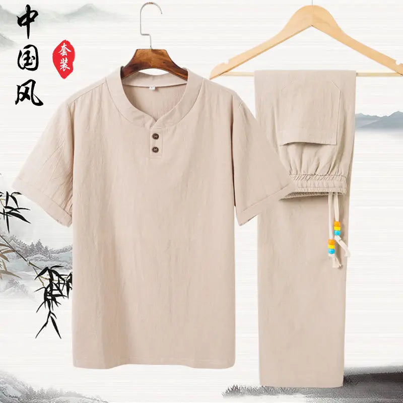 Conjunto Masculino Algodao Linho - T-shirt e Calcas Estilo Chines