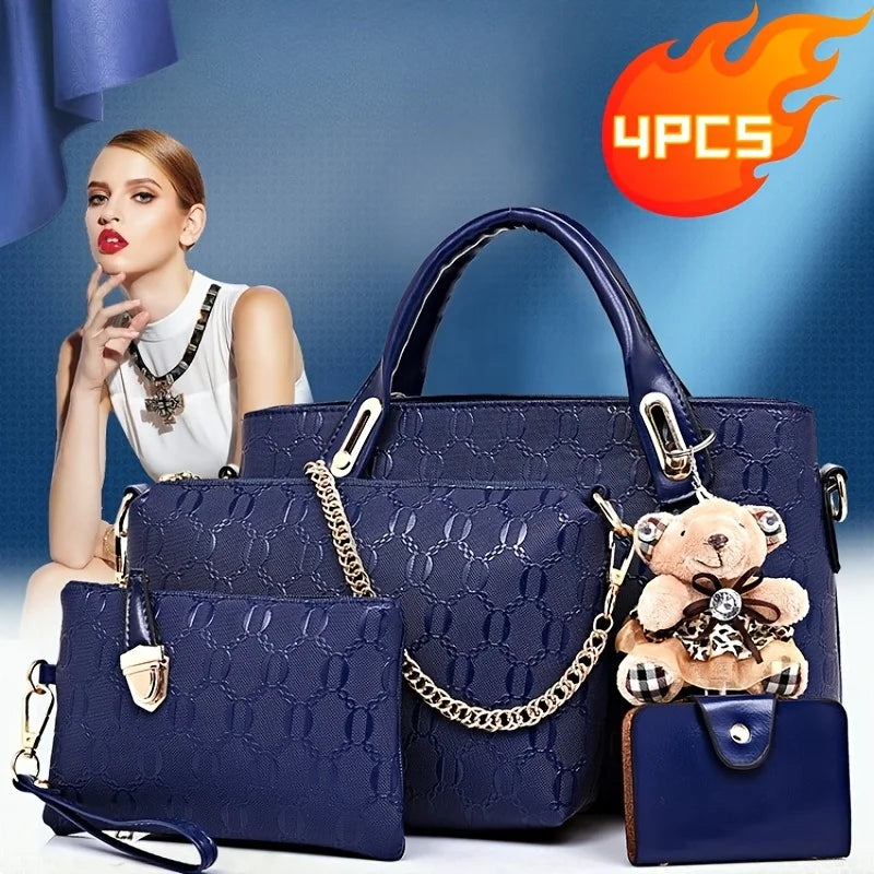 Conjunto 4 Peças Mala Feminina em Relevo com Pendant Urso | TUDOAKI SHOP