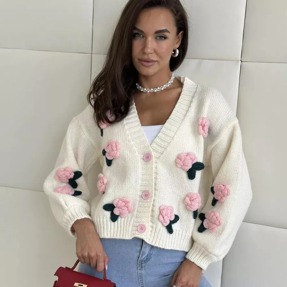 Camisola Cardigan Feminina com Flores e Botões | Malha Cropped Outono Inverno