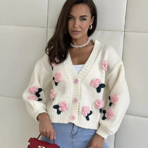 Camisola Cardigan Feminina com Flores e Botões | Malha Cropped Outono Inverno