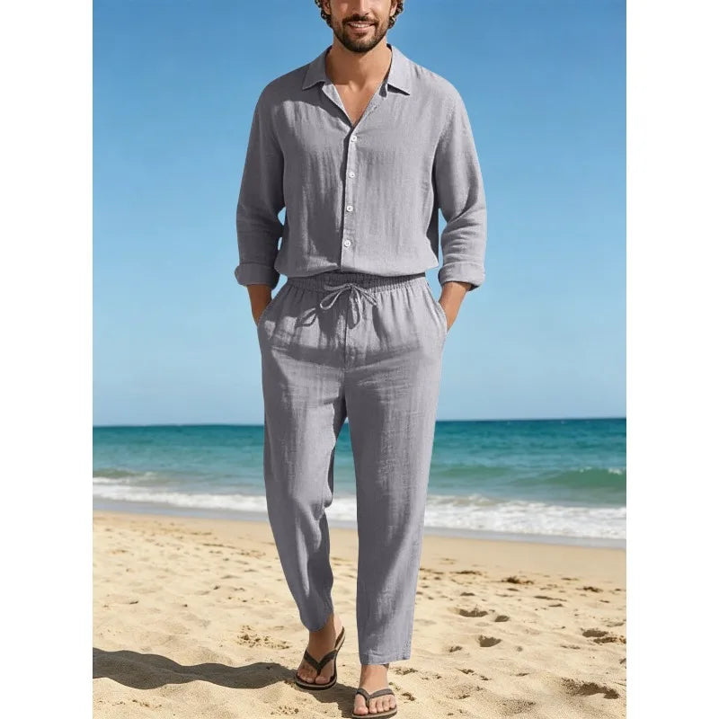 Conjunto Masculino Linho Manga Comprida - Camisa Protecao Solar e Calcas