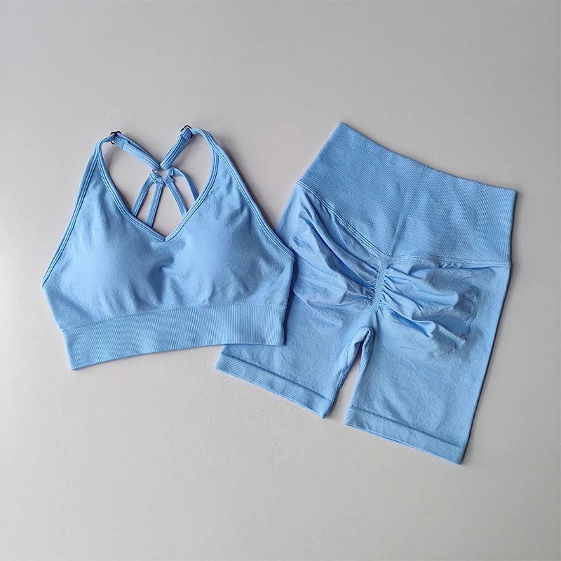 Conjunto Desportivo Feminino | Sutiã V-Back + Calções de Cintura Alta | Yoga & Treino