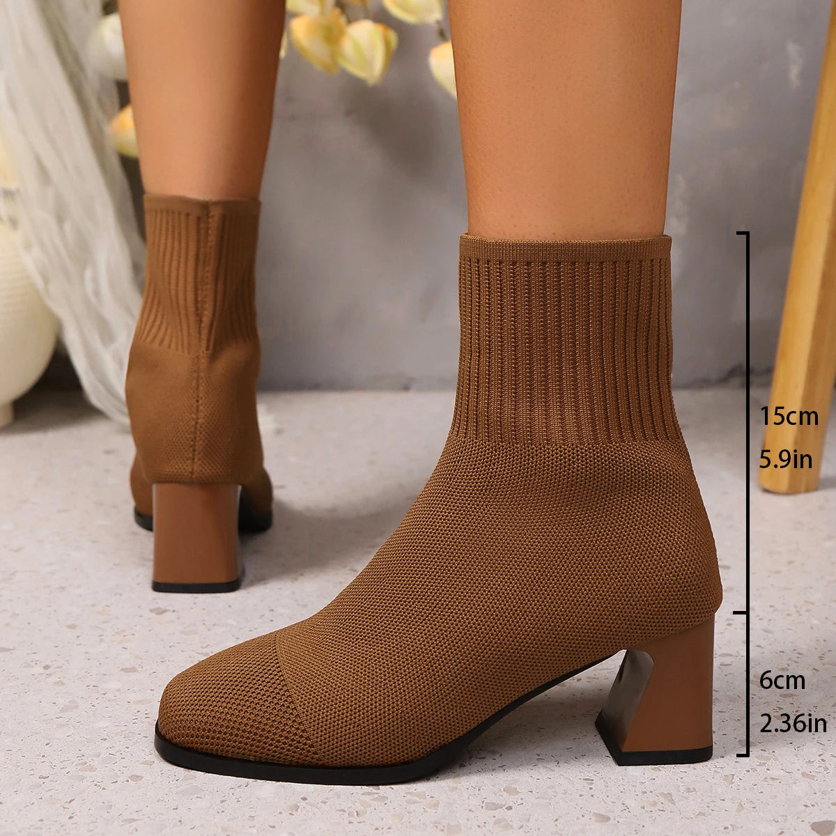 Botins Meias de Malha Femininos com Salto Quadrado — Primavera Outono Inverno