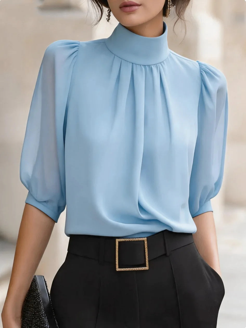 Blusa Feminina Elegante - Gola Alta Mangas Bufantes Chiffon