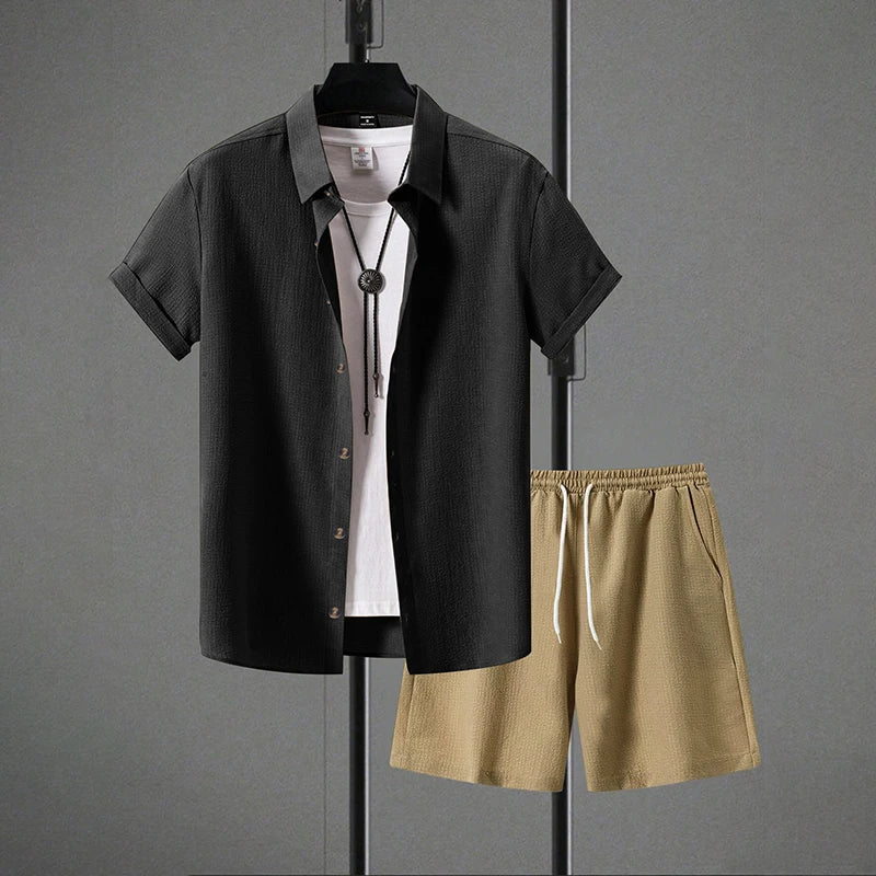 Conjunto Masculino Linho - Camisa Manga Curta e Calcoes de Praia