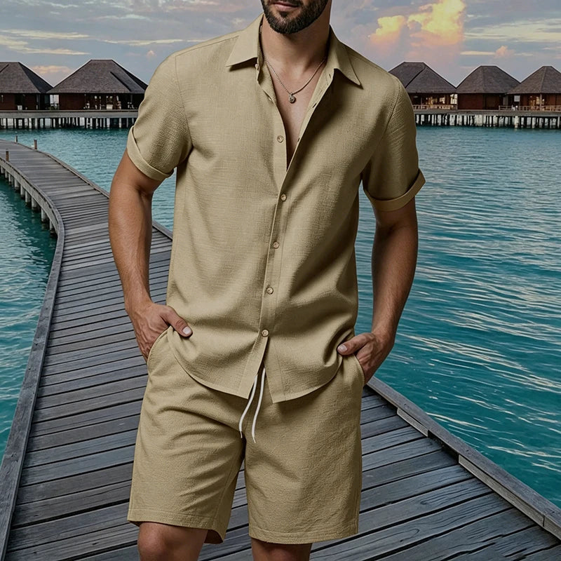 Conjunto Masculino Linho - Camisa Manga Curta e Calcoes de Praia