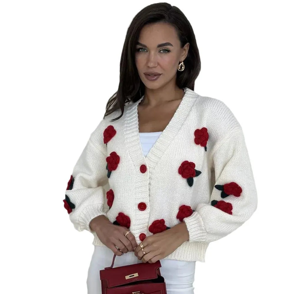 Camisola Cardigan Feminina com Flores e Botões | Malha Cropped Outono Inverno