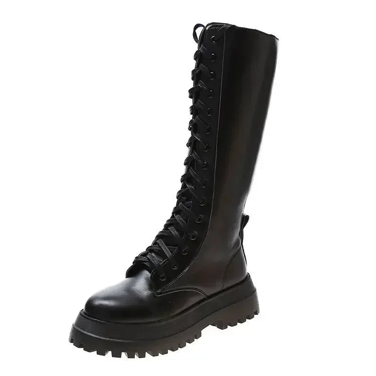 Botas Moto Femininas em PU com Atacadores e Plataforma — Estilo Punk Primavera Outono