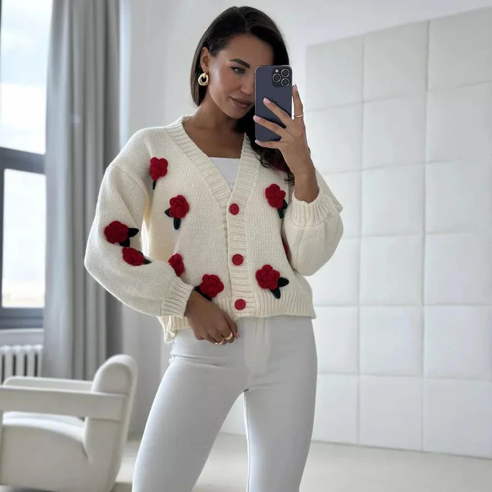Camisola Cardigan Feminina com Flores e Botões | Malha Cropped Outono Inverno