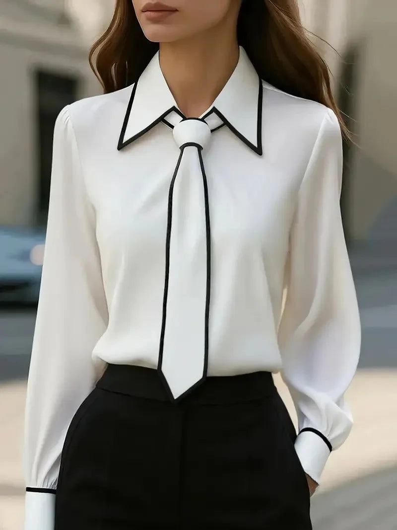 Blusa Feminina Formal com Laco - Manga Comprida Acabamento Contrastante