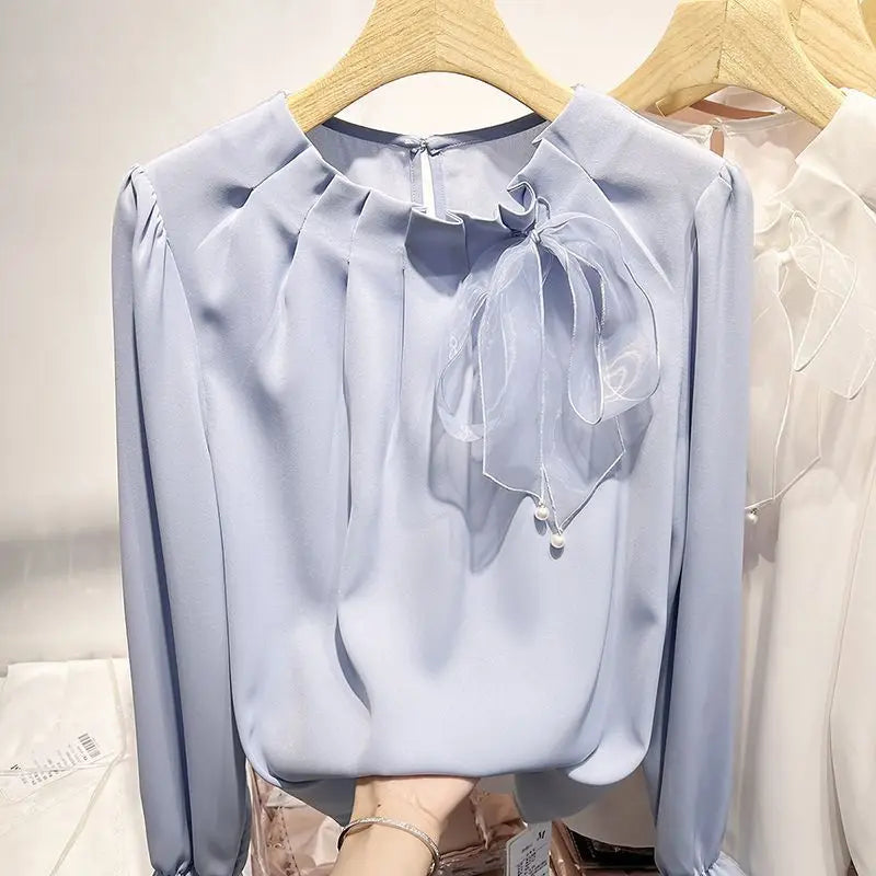 Blusa Feminina Chiffon com Laco e Renda - Manga Comprida Estilo Coreano