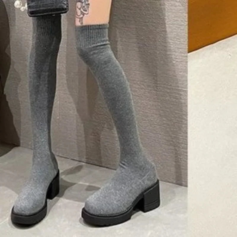 Botas Over-the-Knee Femininas com Plataforma — Estilo Cowboy Ocidental Elástico