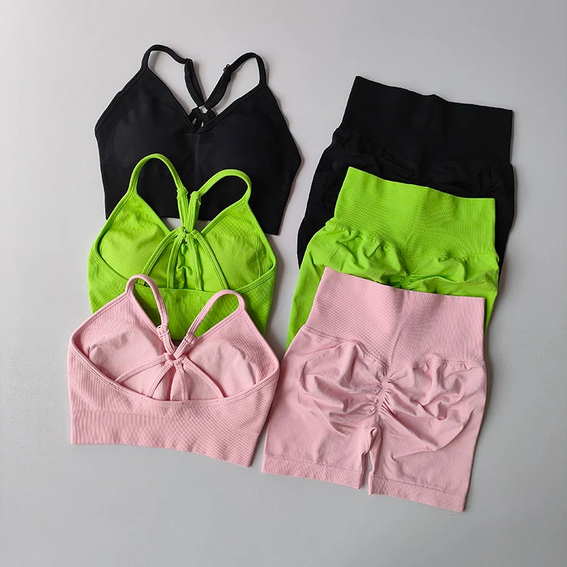 Conjunto Desportivo Feminino | Sutiã V-Back + Calções de Cintura Alta | Yoga & Treino
