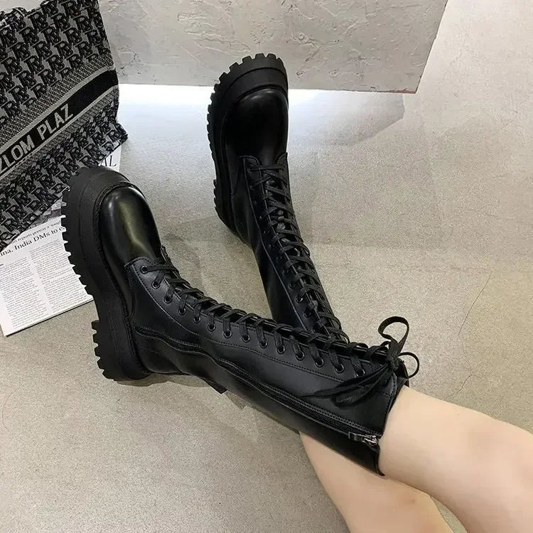 Botas Moto Femininas em PU com Atacadores e Plataforma — Estilo Punk Primavera Outono