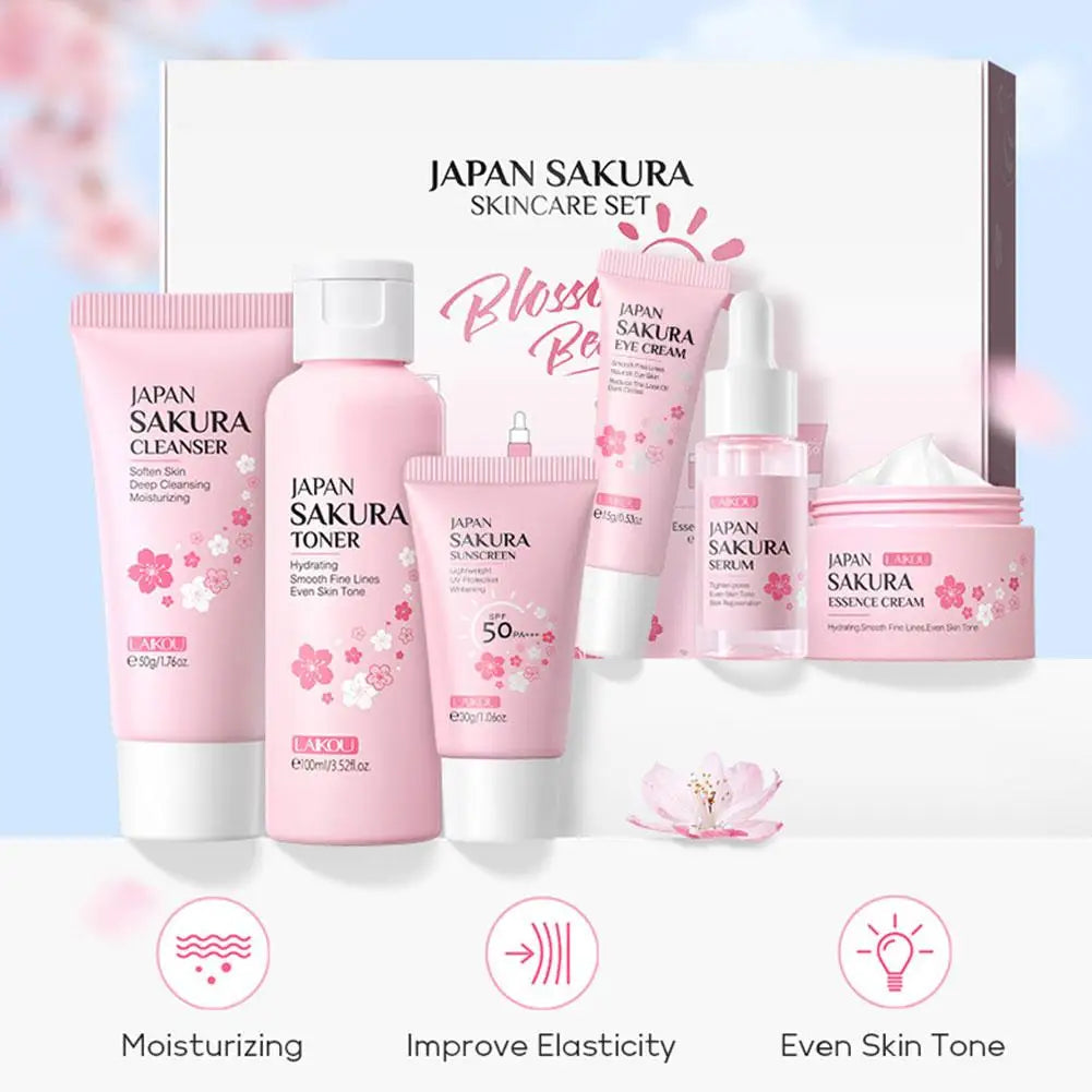 Kit Skincare Sakura 6 peças — Creme, Sérum, Tónico, Protetor Solar e Creme de Olhos