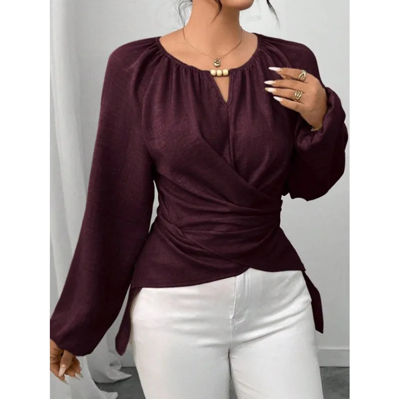 Blusa Feminina Elegante - Gola Redonda Perolas e Mangas Lanterna
