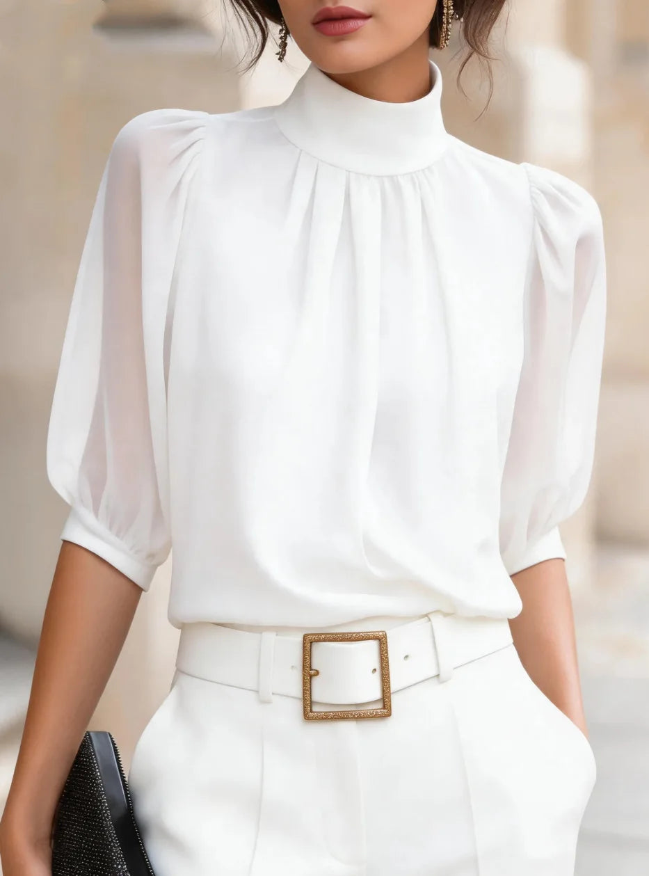 Blusa Feminina Elegante - Gola Alta Mangas Bufantes Chiffon
