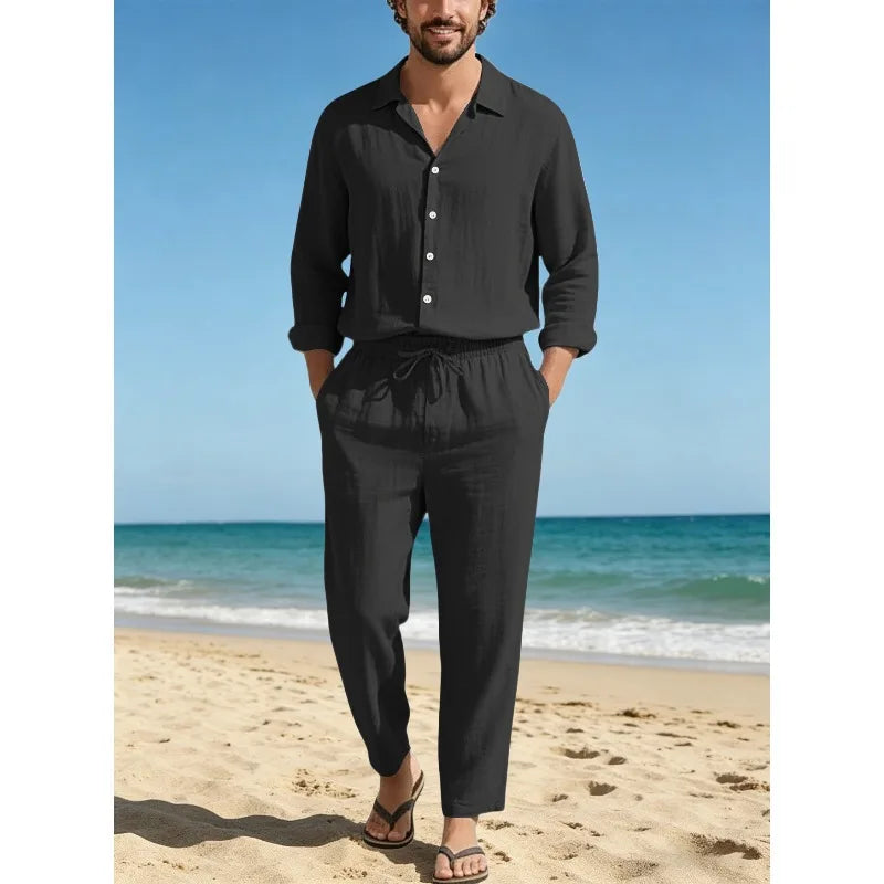 Conjunto Masculino Linho Manga Comprida - Camisa Protecao Solar e Calcas