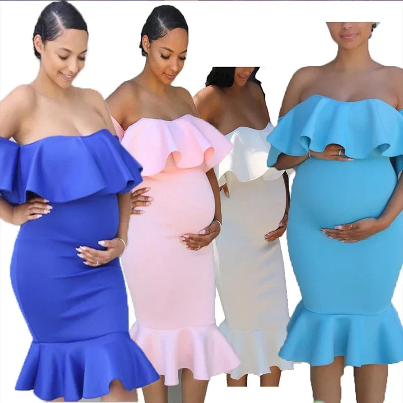 Vestido de Maternidade com Ombros Descobertos e Folhos | Sesião Fotográfica