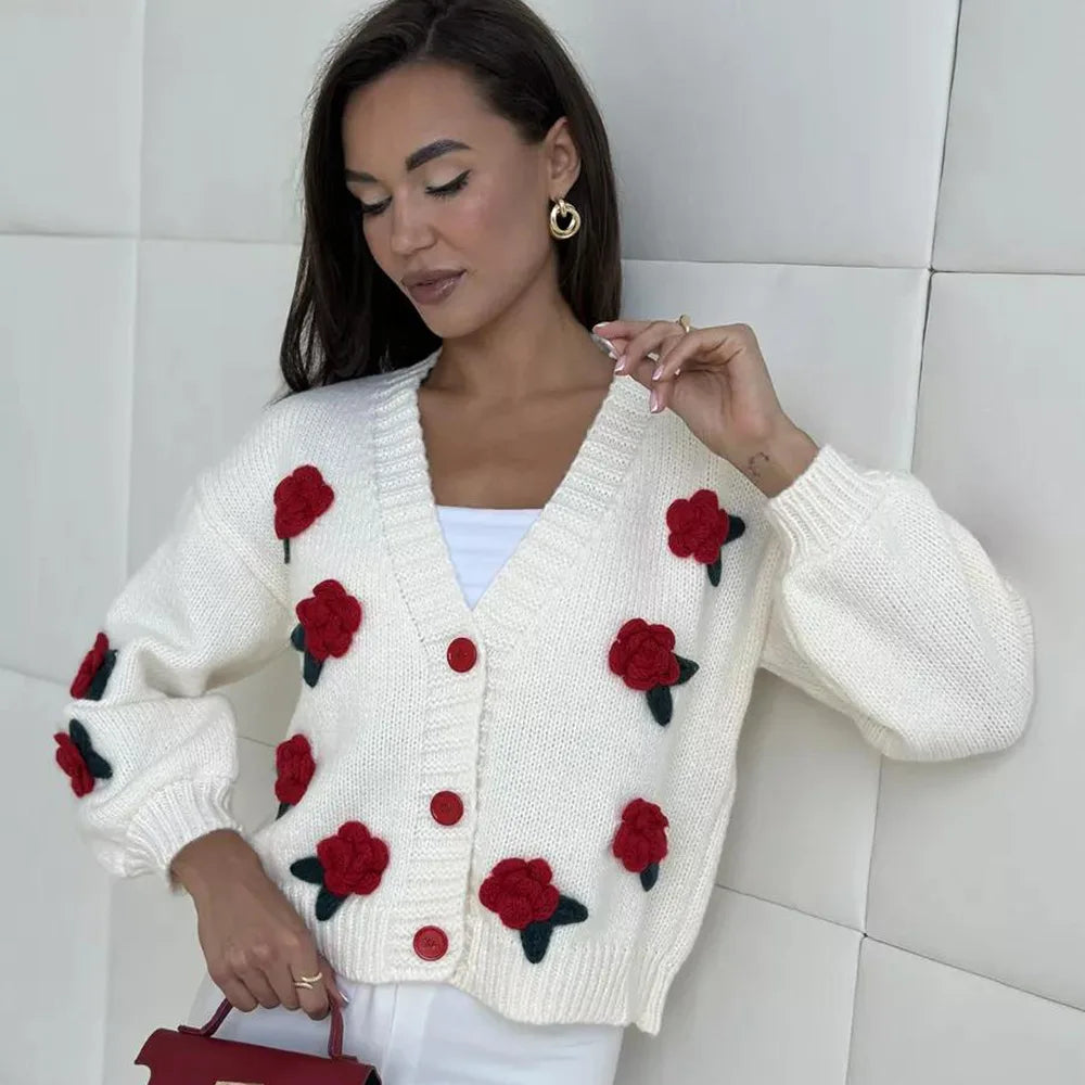 Camisola Cardigan Feminina com Flores e Botões | Malha Cropped Outono Inverno