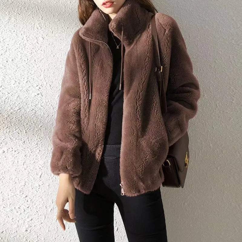Casaco Feminino Dupla Face com Veludo e Gola Alta | Elegante Retro de Inverno