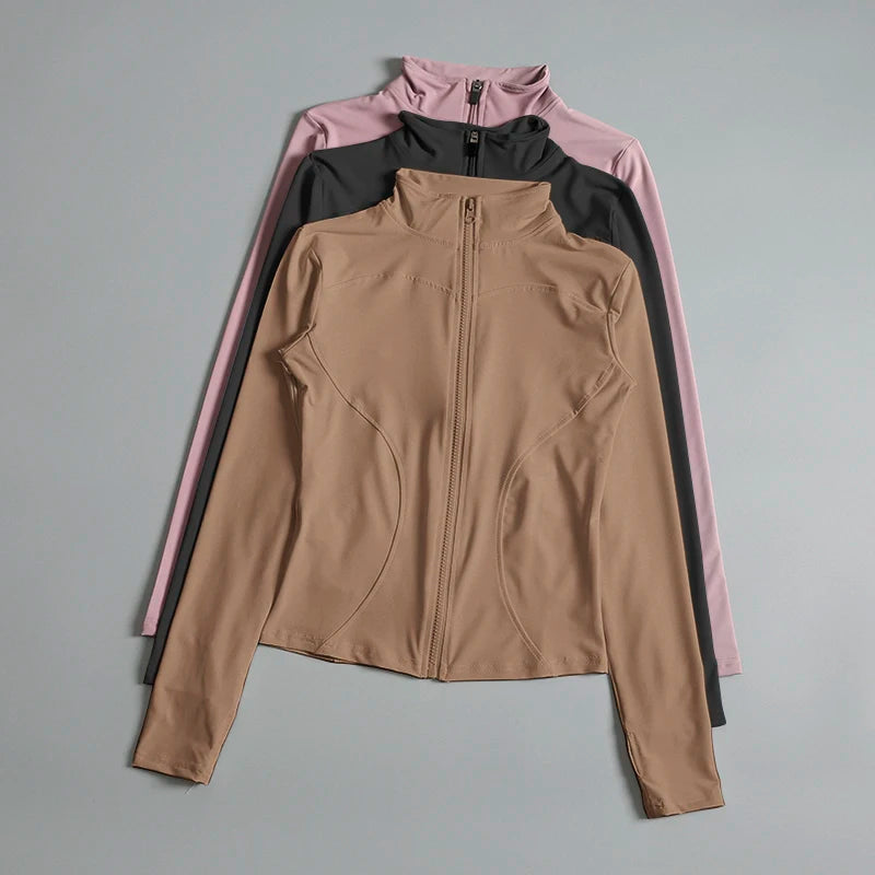 Casaco de Yoga Feminino com Fecho | Camisola de Manga Longa para Treino & Ginásio