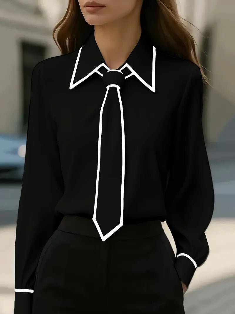Blusa Feminina Formal com Laco - Manga Comprida Acabamento Contrastante
