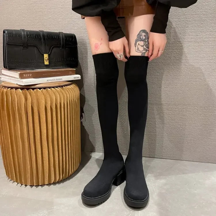 Botas Over-the-Knee Femininas com Plataforma — Estilo Cowboy Ocidental Elástico