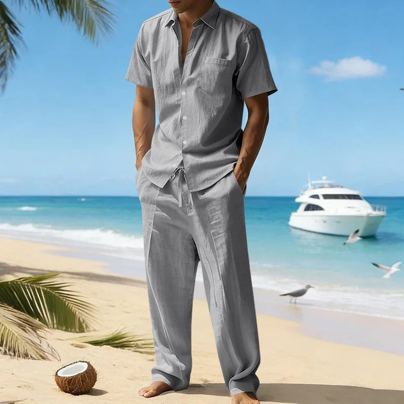 Conjunto Masculino Linho Verao - Camisa Manga Curta e Calcas Compridas