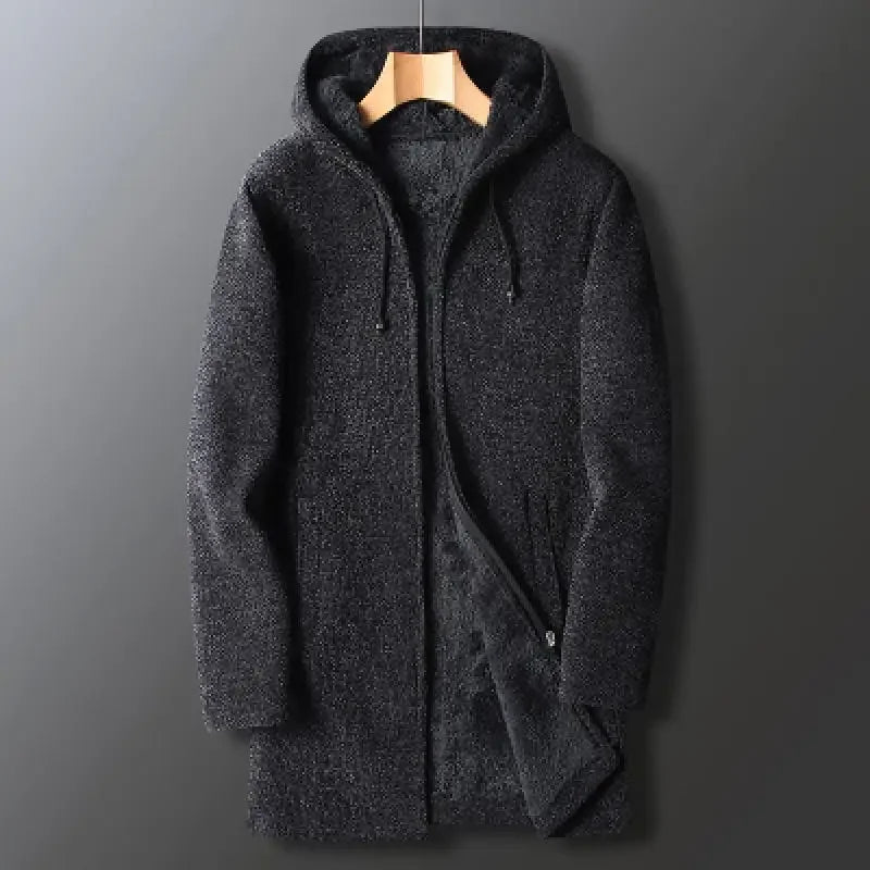 Camisola Cardigan Masculina Slim com Capuz e Forro de Velo | Casaco Longo Quente 2026