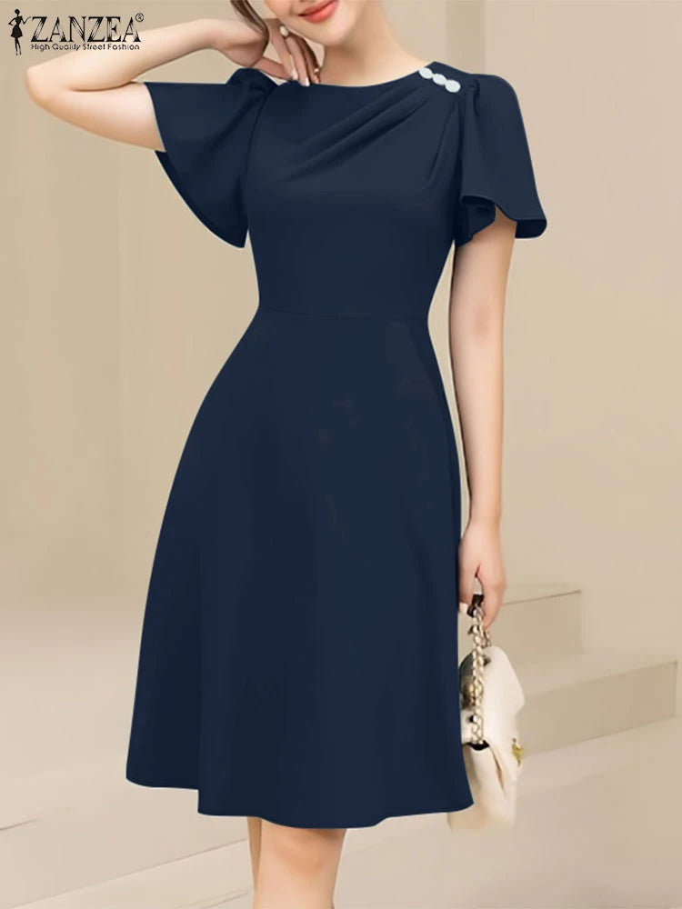 Vestido Feminino Elegante ZANZEA - Manga Curta Comprimento ao Joelho